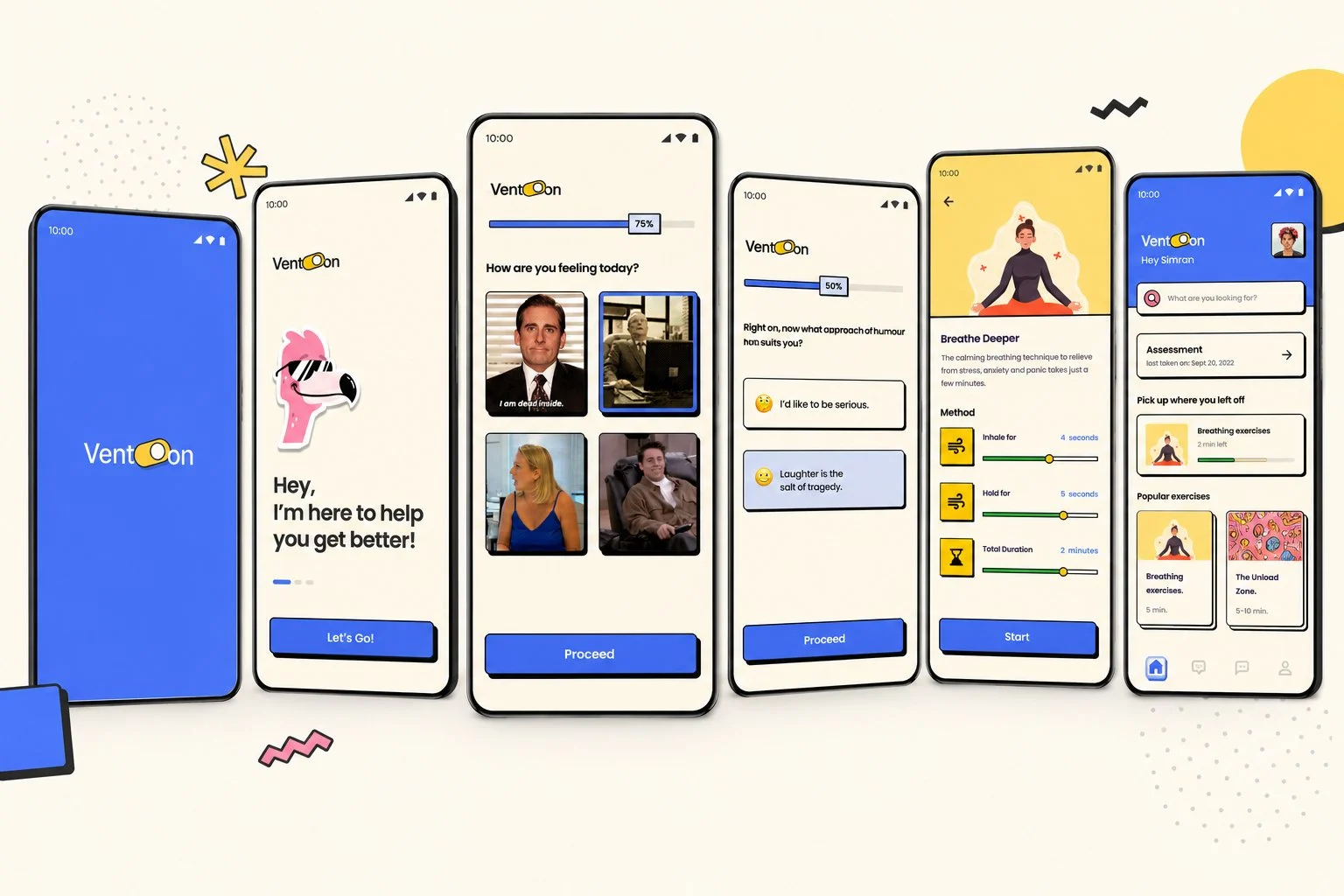 Vent-On mental health mobile application screens